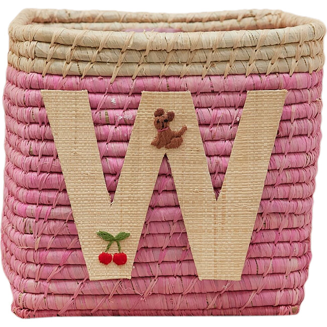 Raffia Contrast Border Square Basket With Embroidery On Raffia Letter - W, Pink & Natural