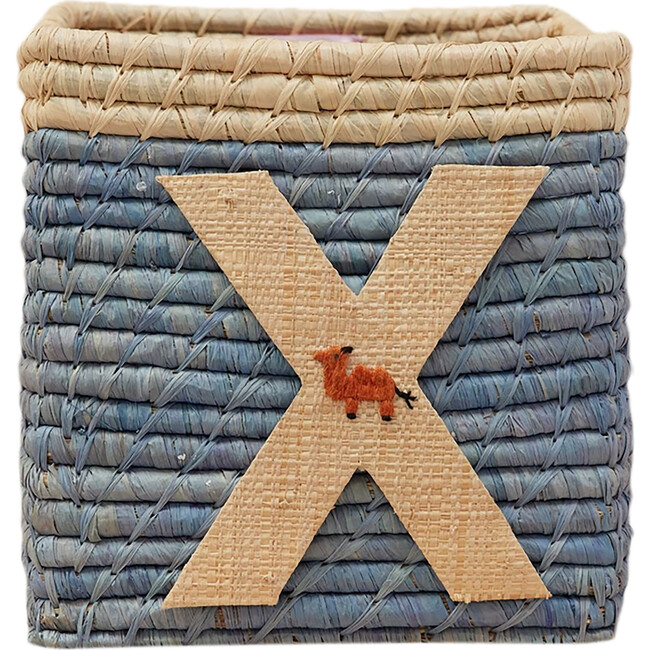 Raffia Contrast Border Square Basket With Embroidery On Raffia Letter - X, Blue & Natural