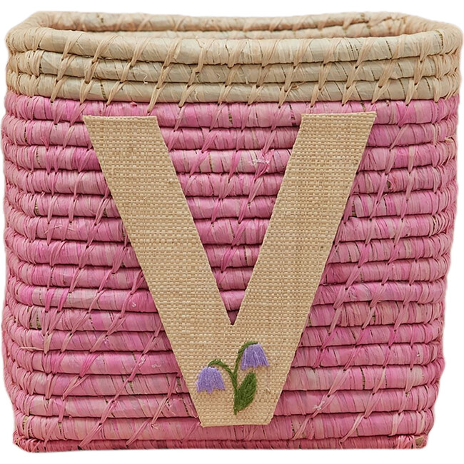 Raffia Contrast Border Square Basket With Embroidery On Raffia Letter - V, Pink & Natural