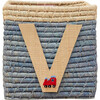 Raffia Contrast Border Square Basket With Embroidery On Raffia Letter - V, Blue & Natural - Storage - 1 - thumbnail