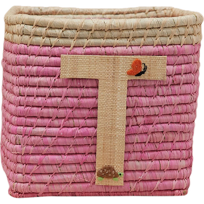 Raffia Contrast Border Square Basket With Embroidery On Raffia Letter - T, Pink & Natural