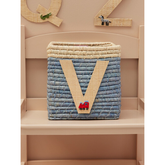 Raffia Contrast Border Square Basket With Embroidery On Raffia Letter - V, Blue & Natural - Storage - 2