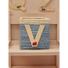 Raffia Contrast Border Square Basket With Embroidery On Raffia Letter - V, Blue & Natural - Storage - 2