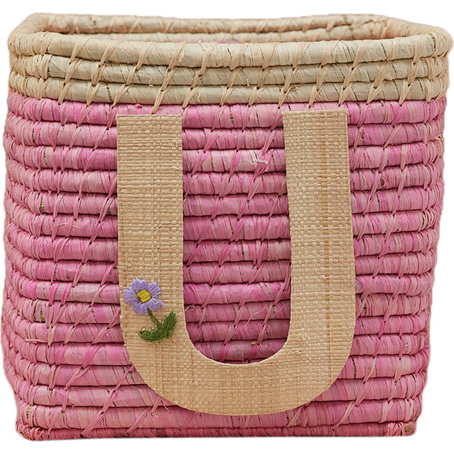 Raffia Contrast Border Square Basket With Embroidery On Raffia Letter - U, Pink & Natural