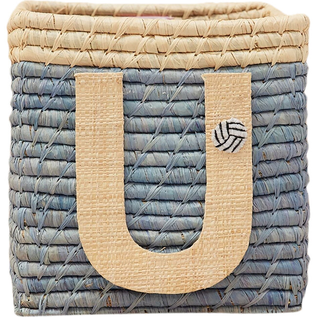 Raffia Contrast Border Square Basket With Embroidery On Raffia Letter - U, Blue & Natural