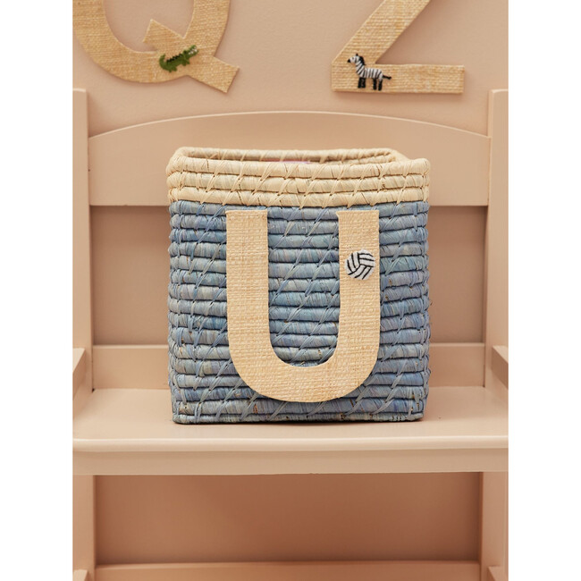 Raffia Contrast Border Square Basket With Embroidery On Raffia Letter - U, Blue & Natural - Storage - 2