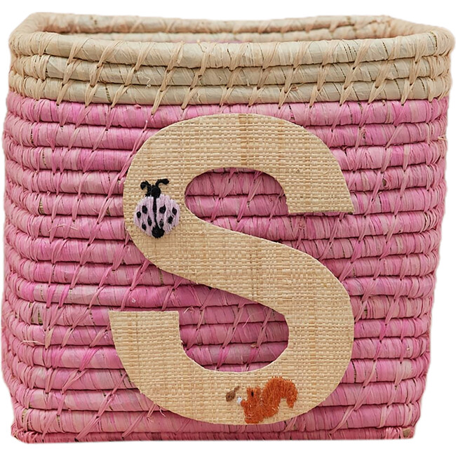 Raffia Contrast Border Square Basket With Embroidery On Raffia Letter - S, Pink & Natural