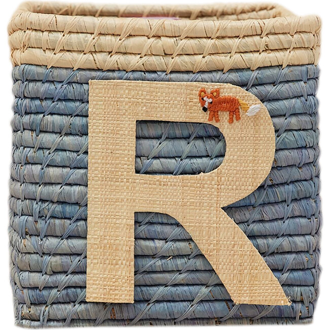 Raffia Contrast Border Square Basket With Embroidery On Raffia Letter - R, Blue & Natural