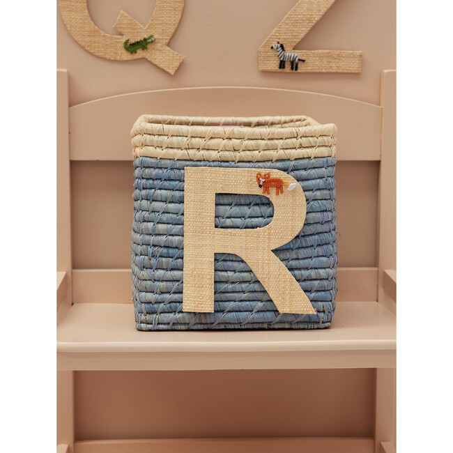 Raffia Contrast Border Square Basket With Embroidery On Raffia Letter - R, Blue & Natural - Storage - 2
