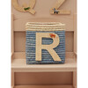 Raffia Contrast Border Square Basket With Embroidery On Raffia Letter - R, Blue & Natural - Storage - 2