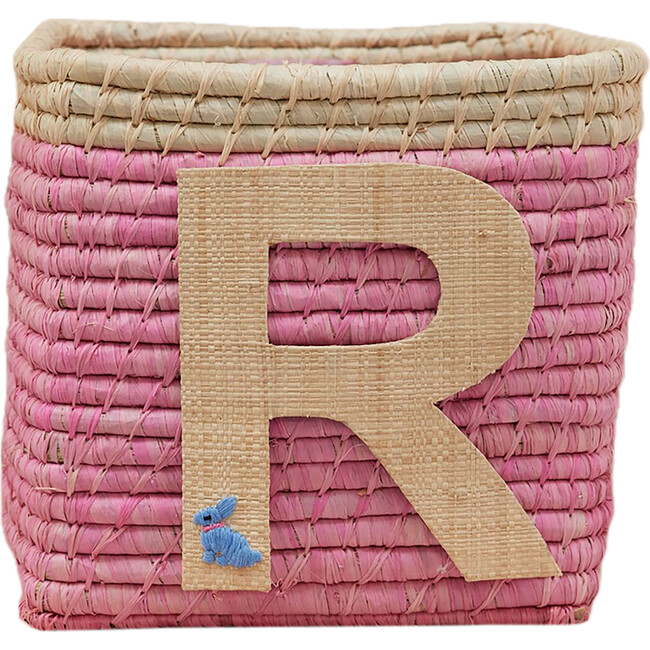 Raffia Contrast Border Square Basket With Embroidery On Raffia Letter - R, Pink & Natural