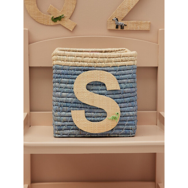 Raffia Contrast Border Square Basket With Embroidery On Raffia Letter - S, Blue & Natural - Storage - 2