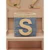 Raffia Contrast Border Square Basket With Embroidery On Raffia Letter - S, Blue & Natural - Storage - 2