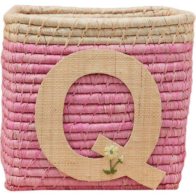 Raffia Contrast Border Square Basket With Embroidery On Raffia Letter - Q, Pink & Natural