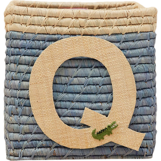 Raffia Contrast Border Square Basket With Embroidery On Raffia Letter - Q, Blue & Natural