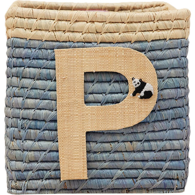 Raffia Contrast Border Square Basket With Embroidery On Raffia Letter - P, Blue & Natural