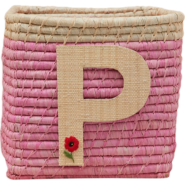 Raffia Contrast Border Square Basket With Embroidery On Raffia Letter - P, Pink & Natural