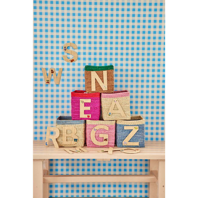 Raffia Contrast Border Square Basket With Embroidery On Raffia Letter - P, Blue & Natural - Storage - 4