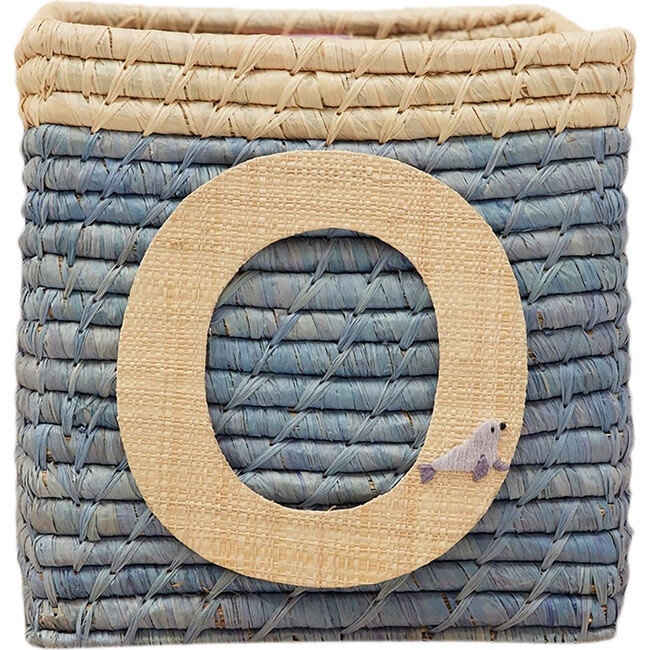 Raffia Contrast Border Square Basket With Embroidery On Raffia Letter - O, Blue & Natural
