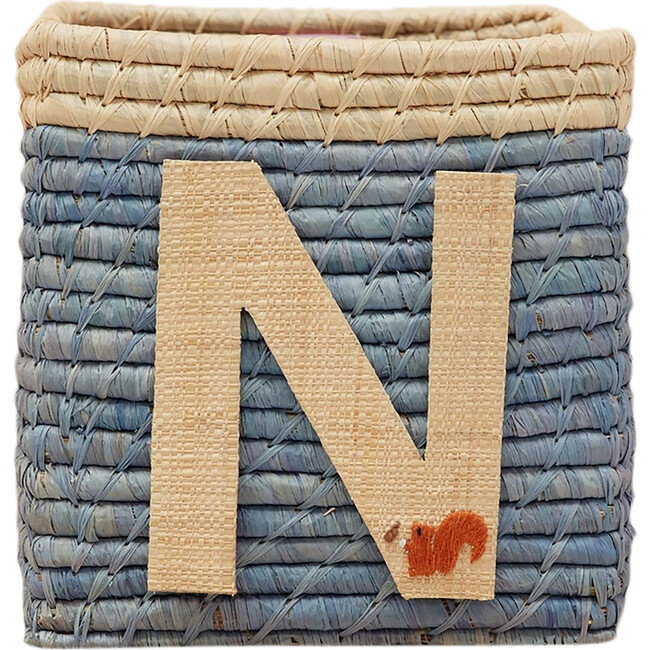 Raffia Contrast Border Square Basket With Embroidery On Raffia Letter - N, Blue & Natural
