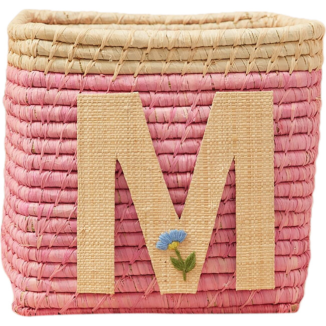 Raffia Contrast Border Square Basket With Embroidery On Raffia Letter - M, Pink & Natural