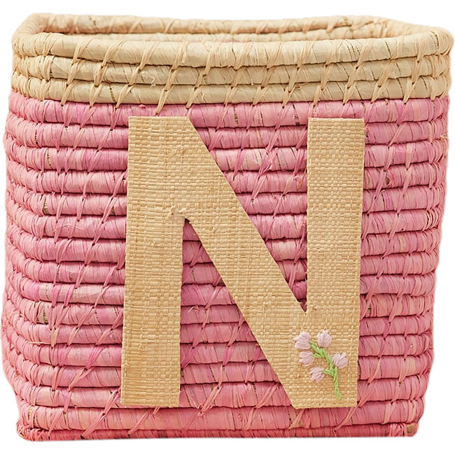 Raffia Contrast Border Square Basket With Embroidery On Raffia Letter - N, Pink & Natural
