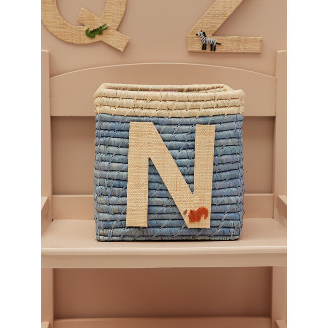 Raffia Contrast Border Square Basket With Embroidery On Raffia Letter - N, Blue & Natural - Storage - 2