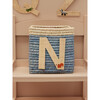 Raffia Contrast Border Square Basket With Embroidery On Raffia Letter - N, Blue & Natural - Storage - 2