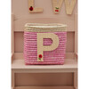 Raffia Contrast Border Square Basket With Embroidery On Raffia Letter - P, Pink & Natural - Storage - 2