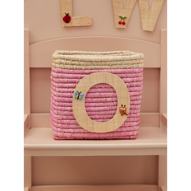 Raffia Contrast Border Square Basket With Embroidery On Raffia Letter - O, Pink & Natural - Storage - 2