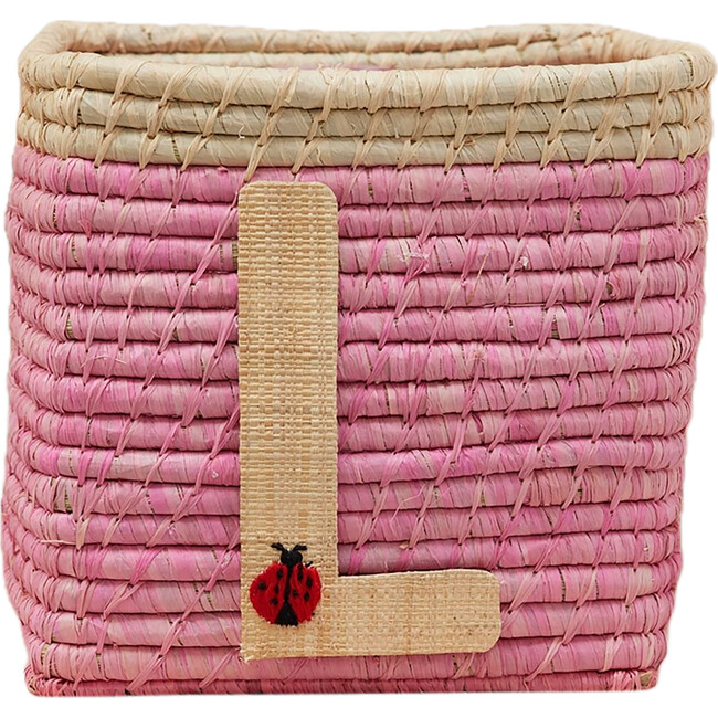 Raffia Contrast Border Square Basket With Embroidery On Raffia Letter - L, Pink & Natural