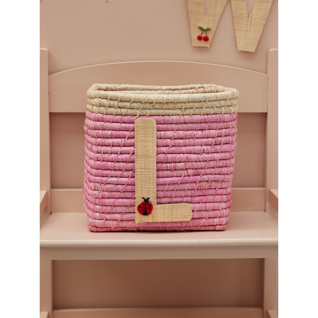 Raffia Contrast Border Square Basket With Embroidery On Raffia Letter - L, Pink & Natural - Storage - 2