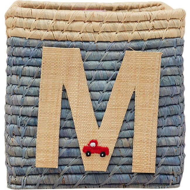 Raffia Contrast Border Square Basket With Embroidery On Raffia Letter - M, Blue & Natural
