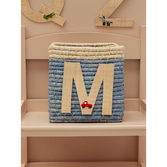 Raffia Contrast Border Square Basket With Embroidery On Raffia Letter - M, Blue & Natural - Storage - 2