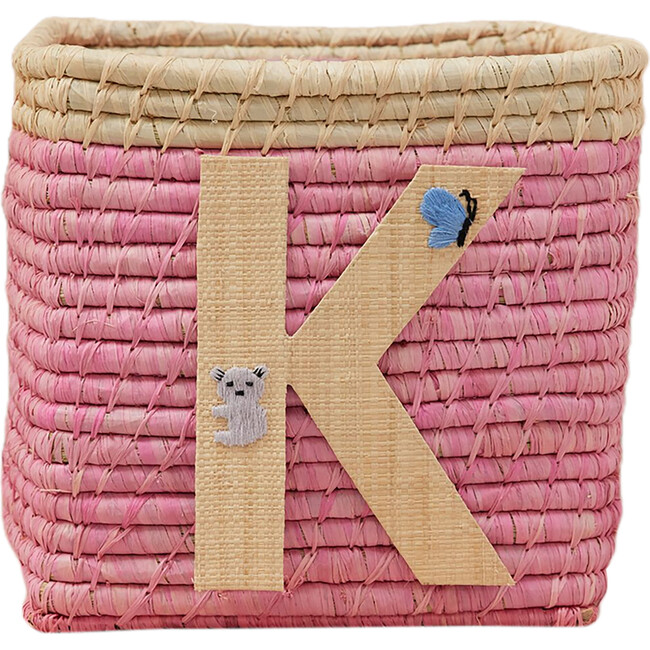Raffia Contrast Border Square Basket With Embroidery On Raffia Letter - K, Pink & Natural