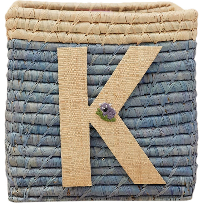 Raffia Contrast Border Square Basket With Embroidery On Raffia Letter - K, Blue & Natural