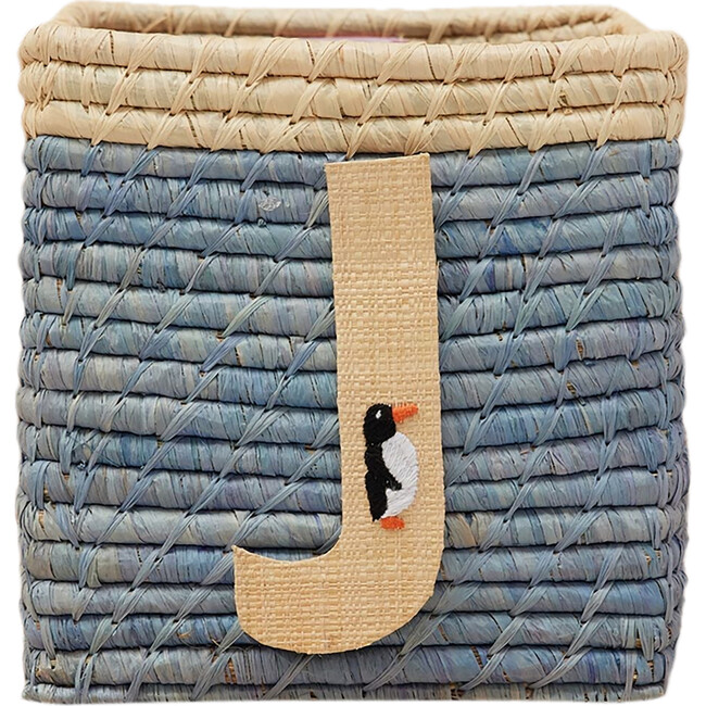 Raffia Contrast Border Square Basket With Embroidery On Raffia Letter - J, Blue & Natural