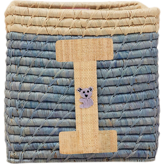 Raffia Contrast Border Square Basket With Embroidery On Raffia Letter - I, Blue & Natural