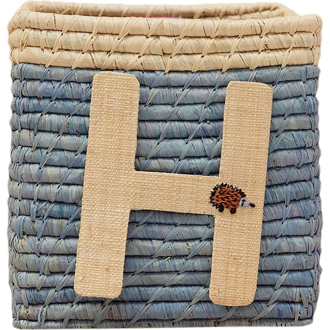 Raffia Contrast Border Square Basket With Embroidery On Raffia Letter - H, Blue & Natural