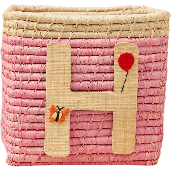 Raffia Contrast Border Square Basket With Embroidery On Raffia Letter - H, Pink & Natural