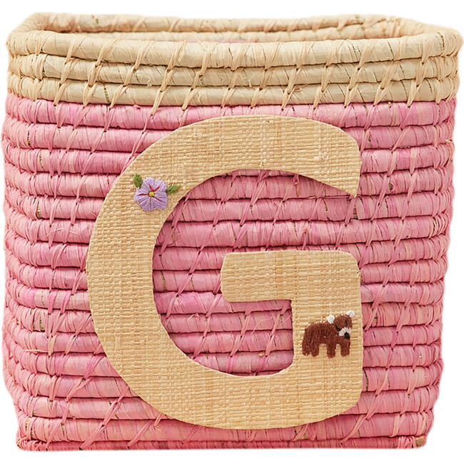 Raffia Contrast Border Square Basket With Embroidery On Raffia Letter - G, Pink & Natural