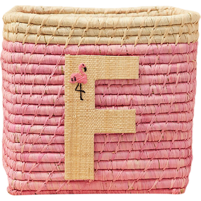 Raffia Contrast Border Square Basket With Embroidery On Raffia Letter - F, Pink & Natural