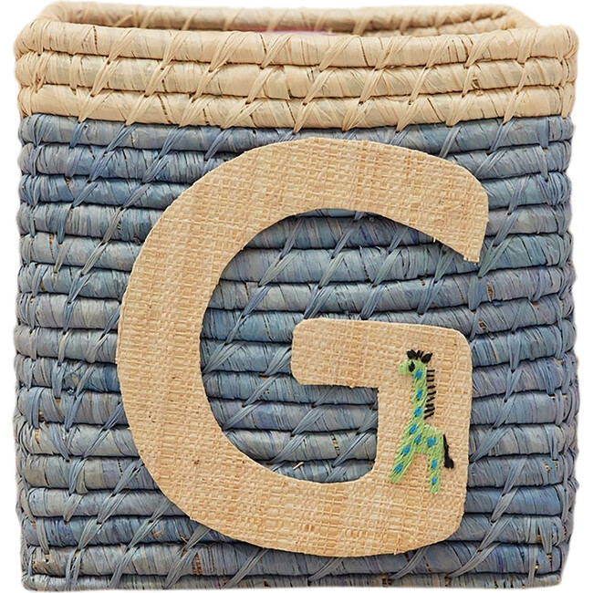 Raffia Contrast Border Square Basket With Embroidery On Raffia Letter - G, Blue & Natural