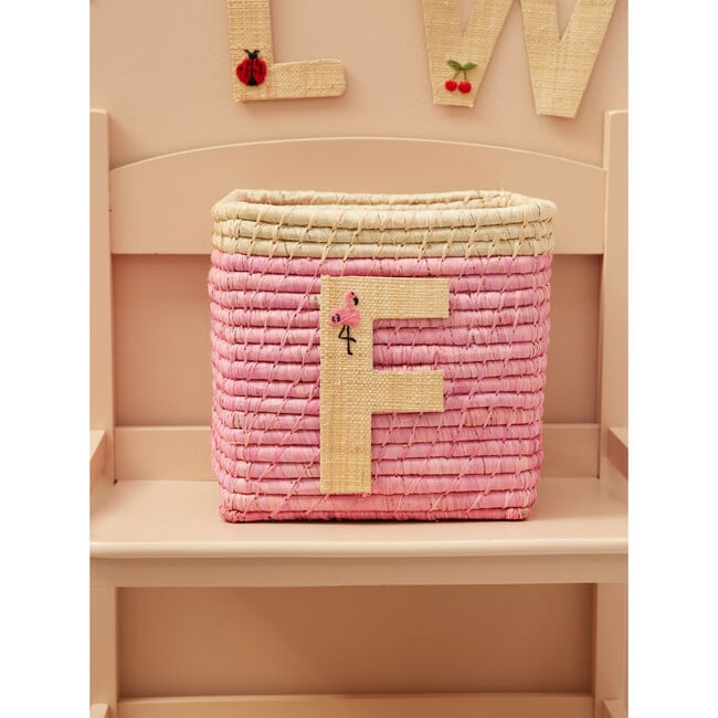 Raffia Contrast Border Square Basket With Embroidery On Raffia Letter - F, Pink & Natural - Storage - 2