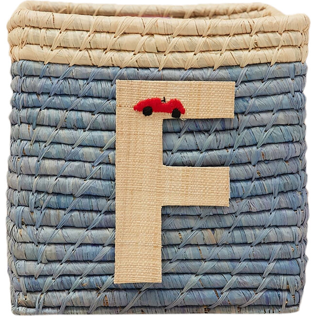Raffia Contrast Border Square Basket With Embroidery On Raffia Letter - F, Blue & Natural