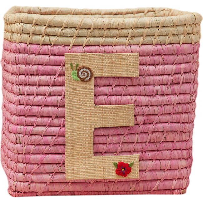 Raffia Contrast Border Square Basket With Embroidery On Raffia Letter - E, Pink & Natural