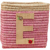 Raffia Contrast Border Square Basket With Embroidery On Raffia Letter - E, Pink & Natural - Storage - 1 - thumbnail