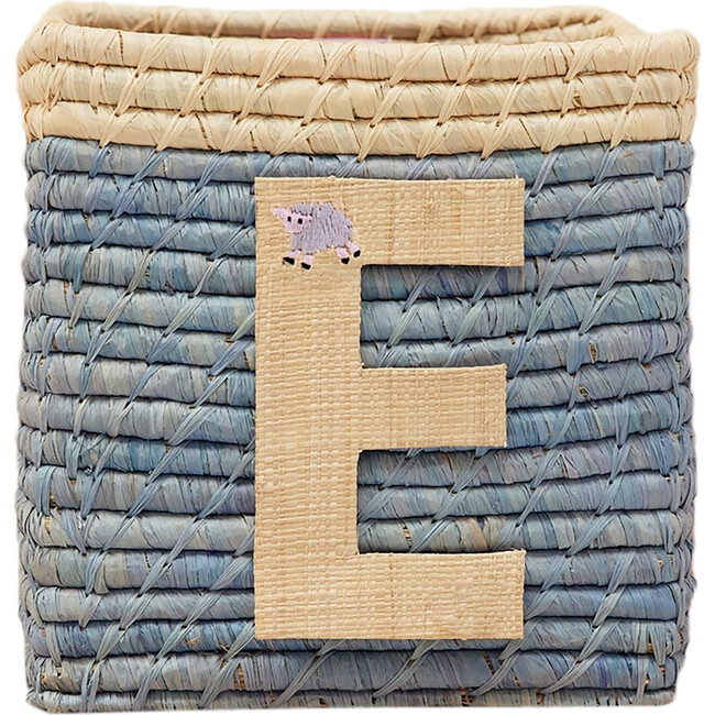 Raffia Contrast Border Square Basket With Embroidery On Raffia Letter - E, Blue & Natural
