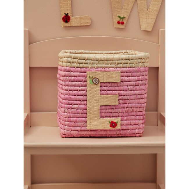 Raffia Contrast Border Square Basket With Embroidery On Raffia Letter - E, Pink & Natural - Storage - 2