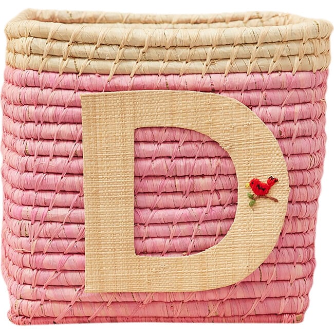 Raffia Contrast Border Square Basket With Embroidery On Raffia Letter - D, Pink & Natural